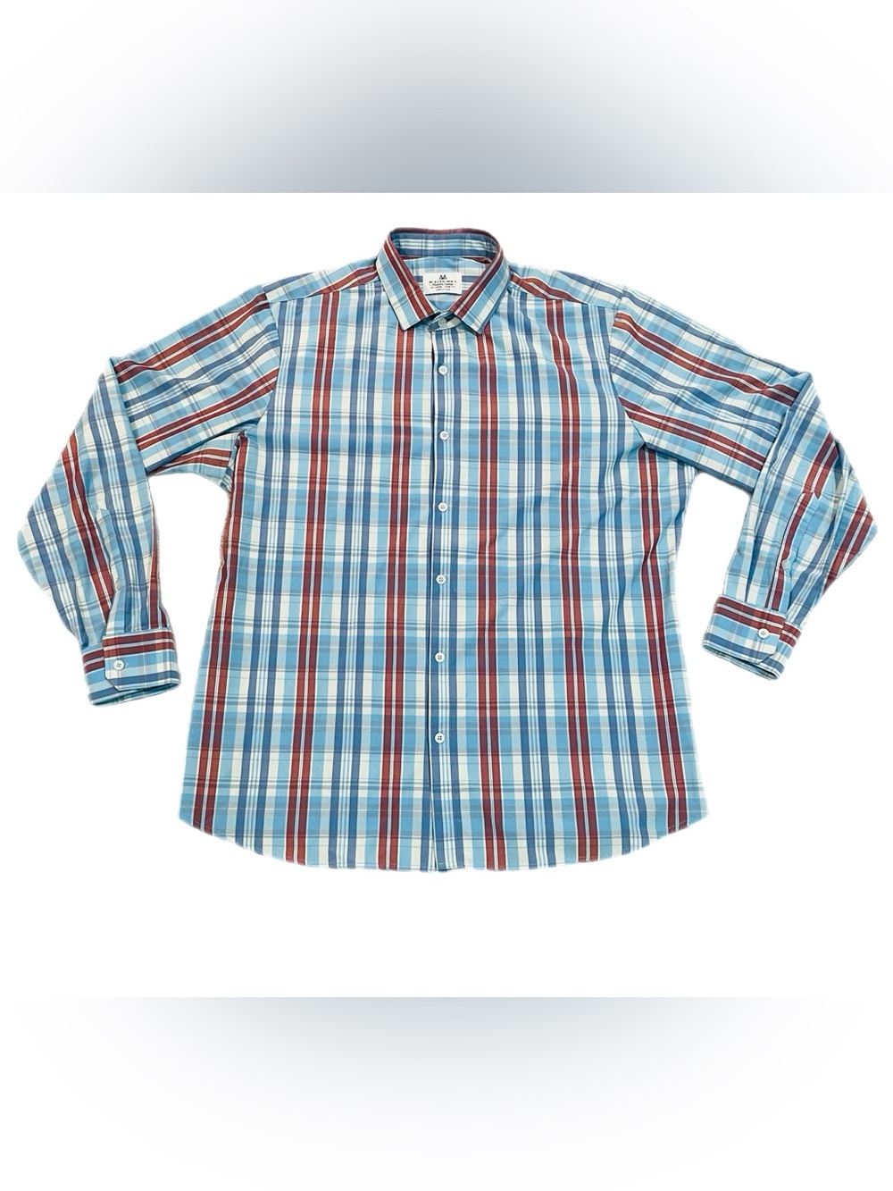Mizzen+Main Button Up Shirt Mens XXL Trim Fit Blue Red Plaid Stretch Performance